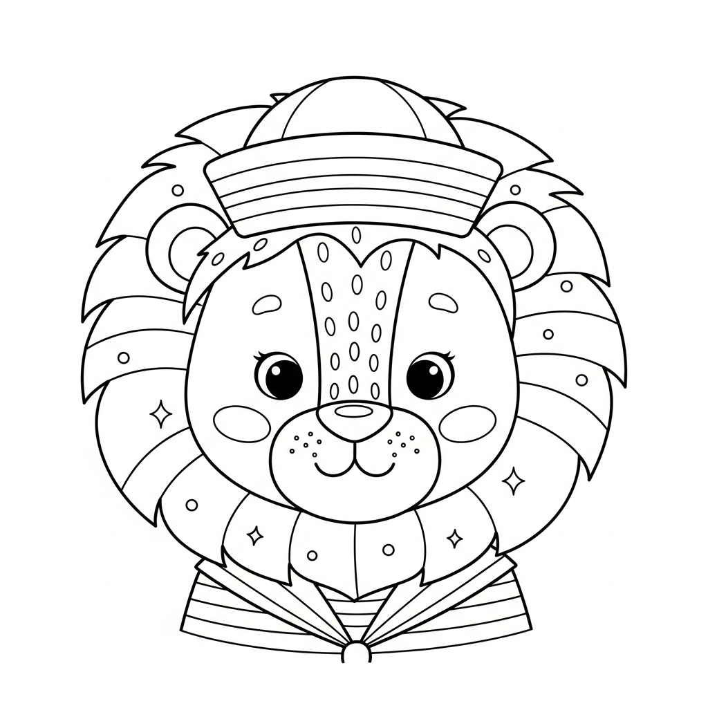 Desenho de leão para colorir vestido de marinheiro com chapéu listrado