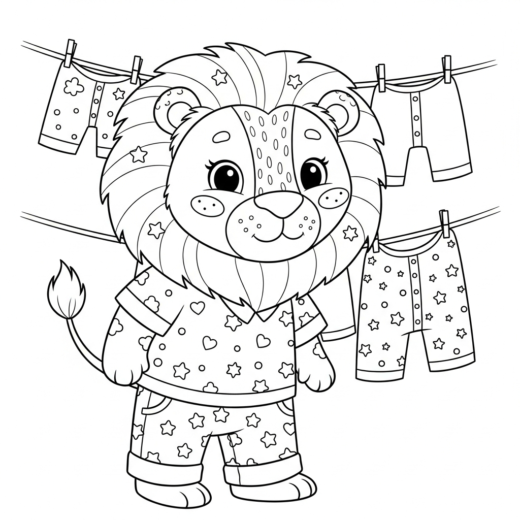 Desenho de leão para colorir estendendo roupas no varal com pregadores