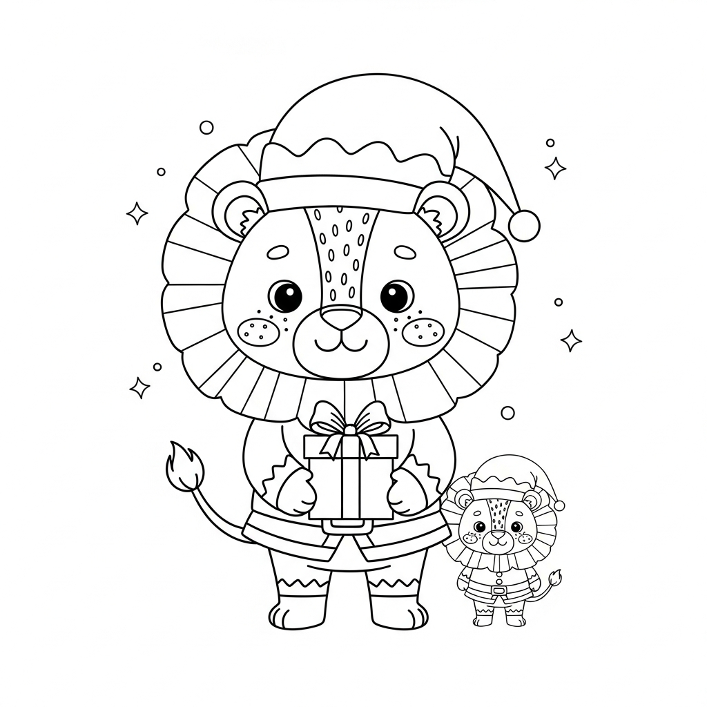 Desenho de leão para colorir vestido de duende entregando presente de Natal