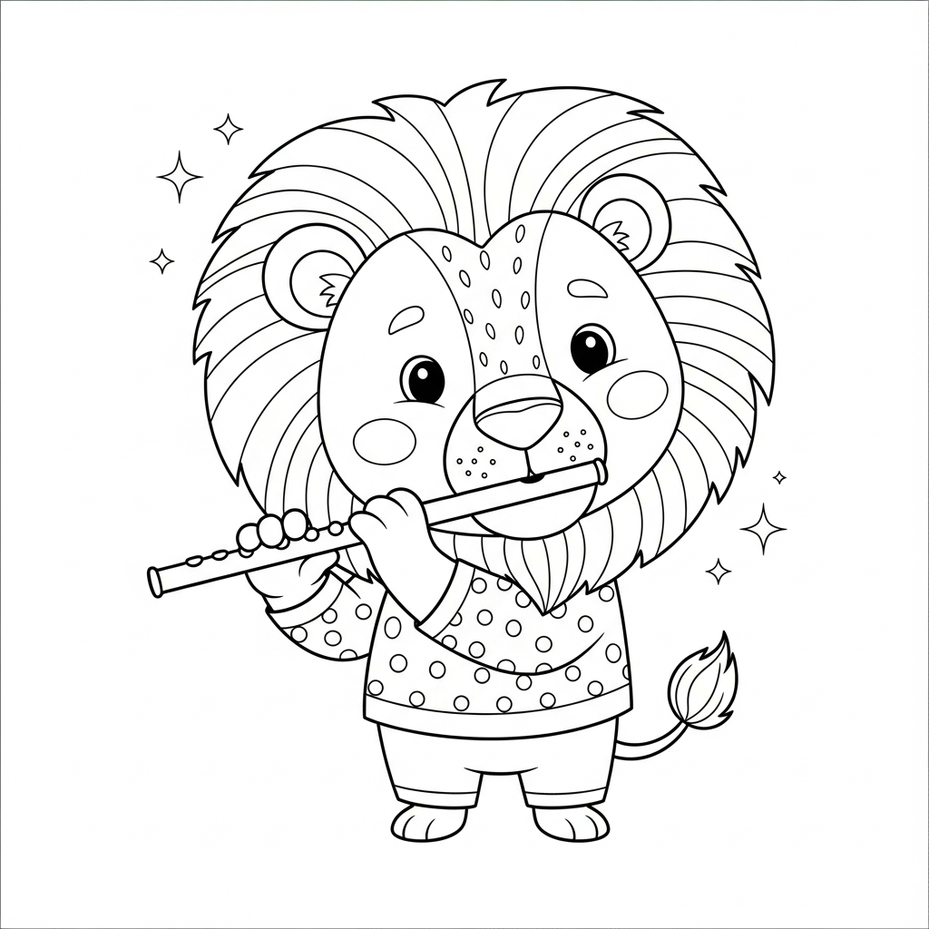 Desenho de leao para colorir tocando flauta de pé alegremente