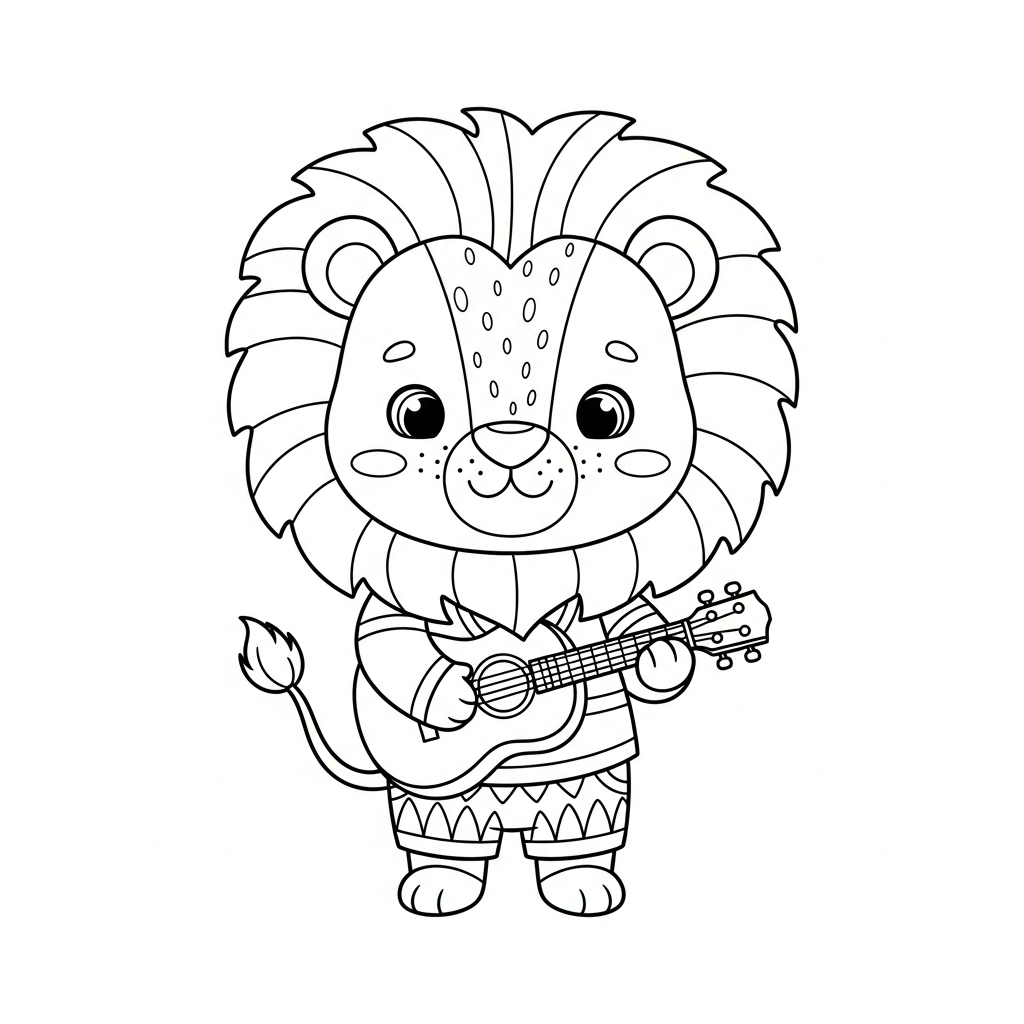 Desenho de leão para colorir tocando ukulele em pose alegre