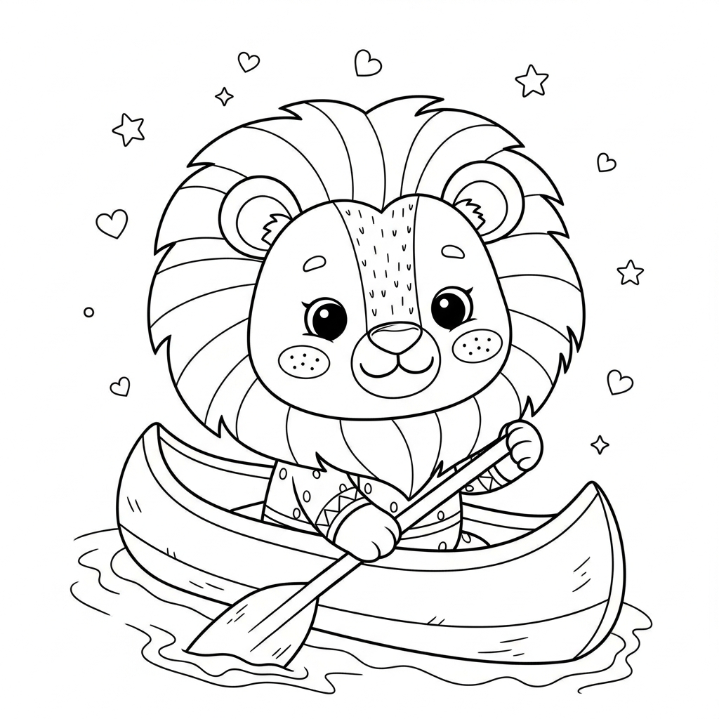 Desenho de leão para colorir remando em canoa no rio com estrelinhas e corações