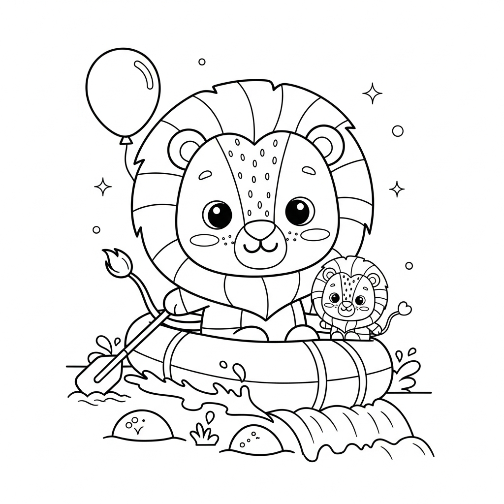 Desenho de leão para colorir descendo cachoeira em bote com pedrinha