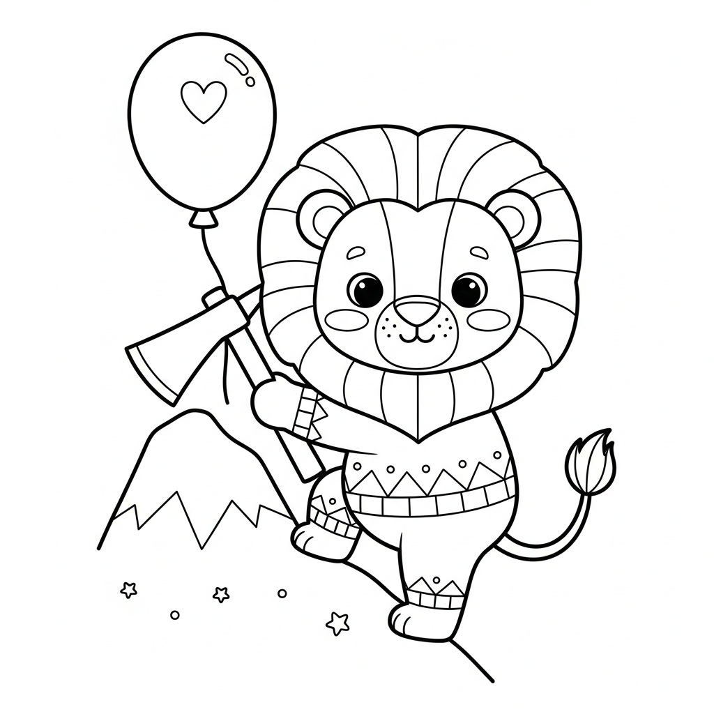 Desenho de leão para colorir escalando montanha com piolet e pequena mochila