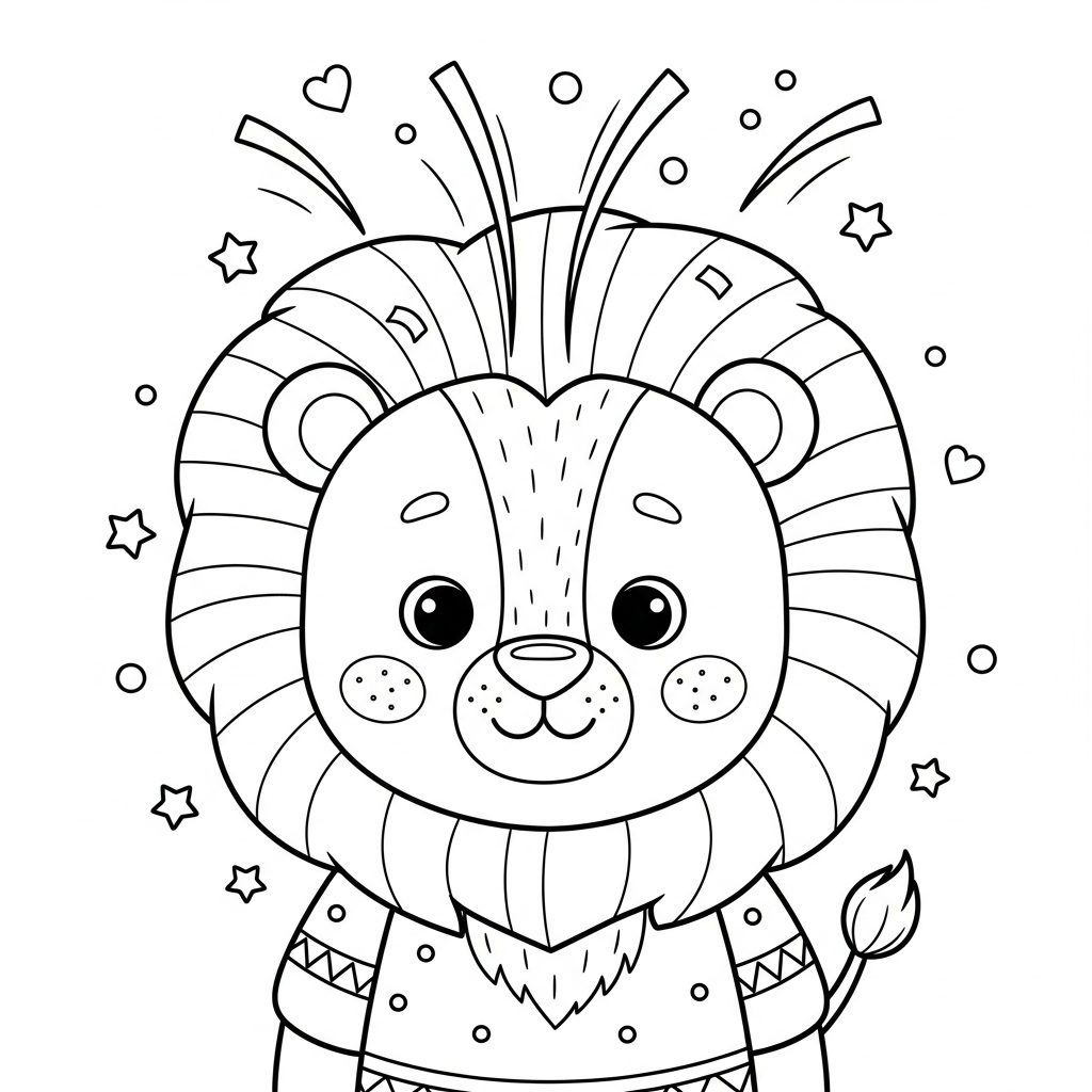 Desenho de leão para colorir estourando confete no ano novo com estrelinhas e corações