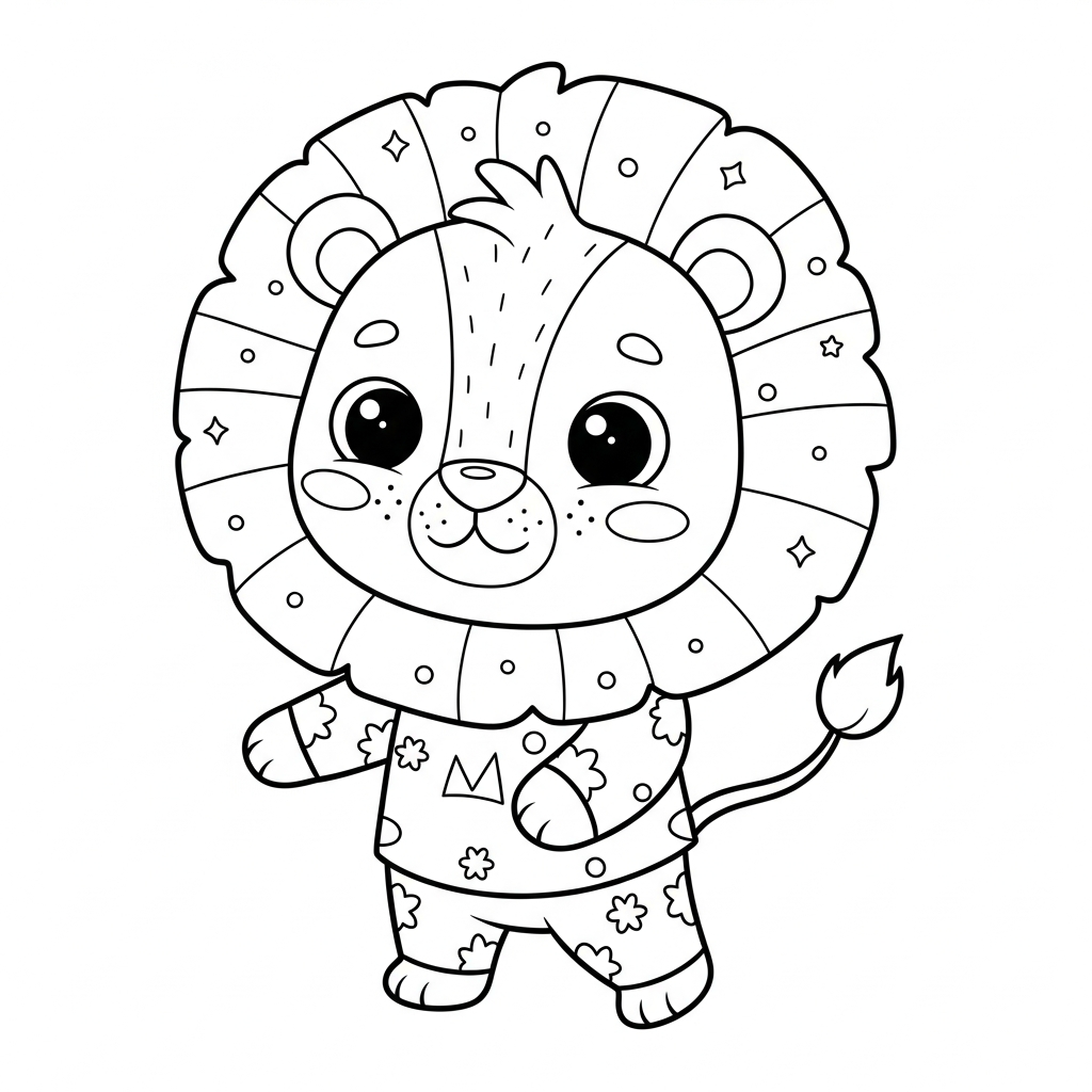 Desenho de leao para colorir vestido de zumbi engraçado, braços à frente, com osso pequeno.