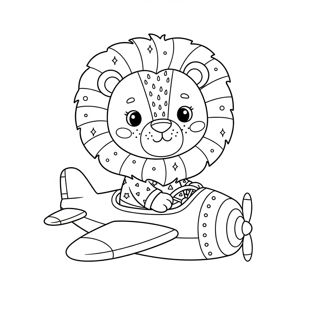 Desenho de leão para colorir pilotando um avião pequeno alegremente