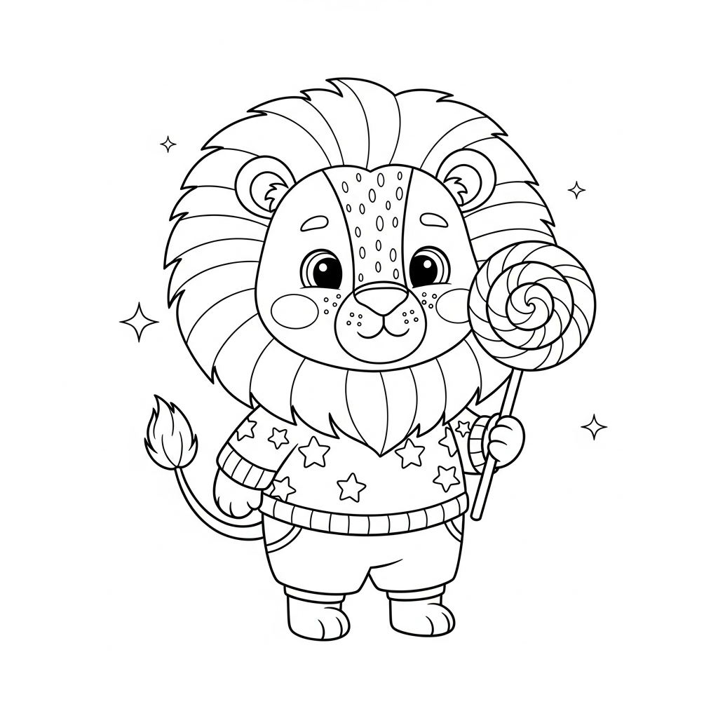 Desenho de leão para colorir segurando um pirulito gigante com alegria