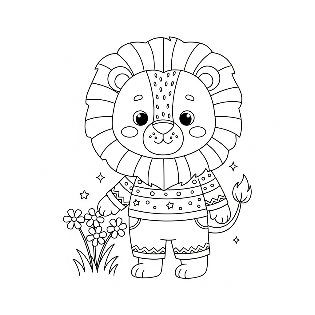 Desenho de leão para colorir colhendo flores delicadas no campo