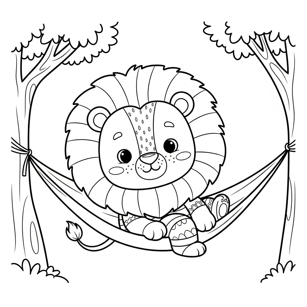 Desenho de leão para colorir descansando em rede entre árvores.