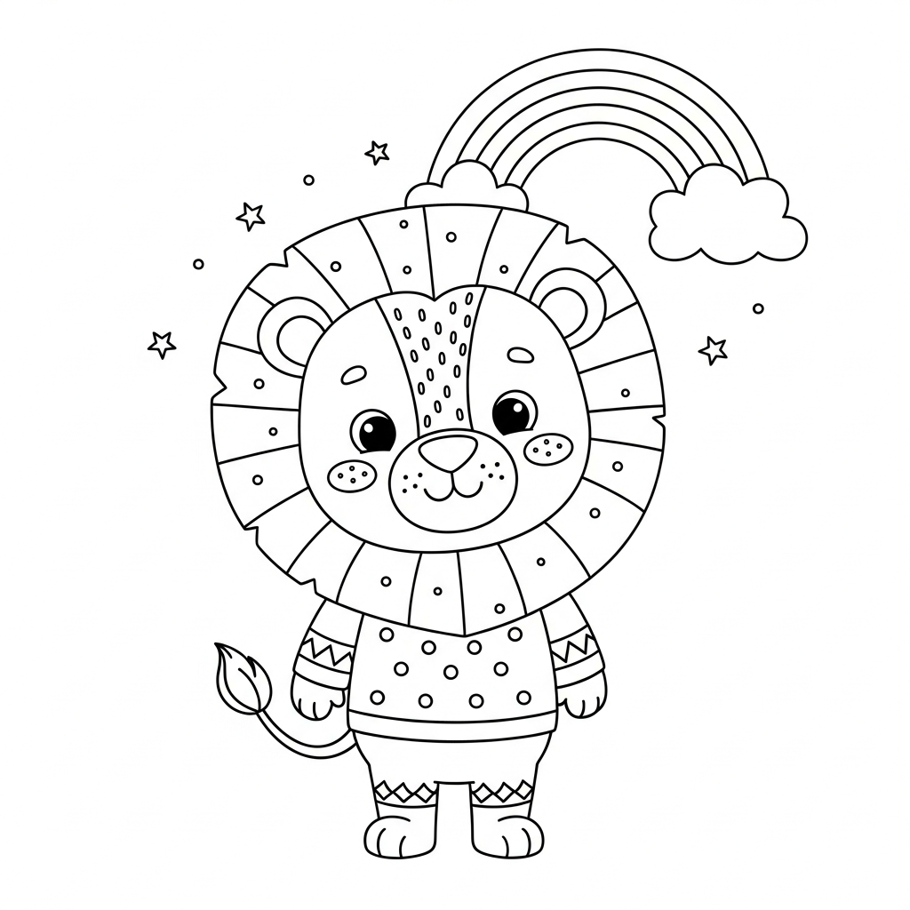 Desenho de leão para colorir admirando um arco-íris no céu