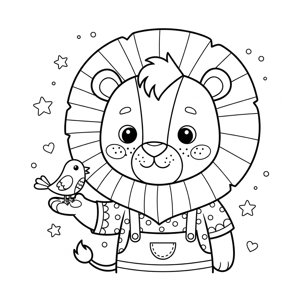Desenho de leão para colorir conversando com passarinho na mão, com estrelinhas e corações.
