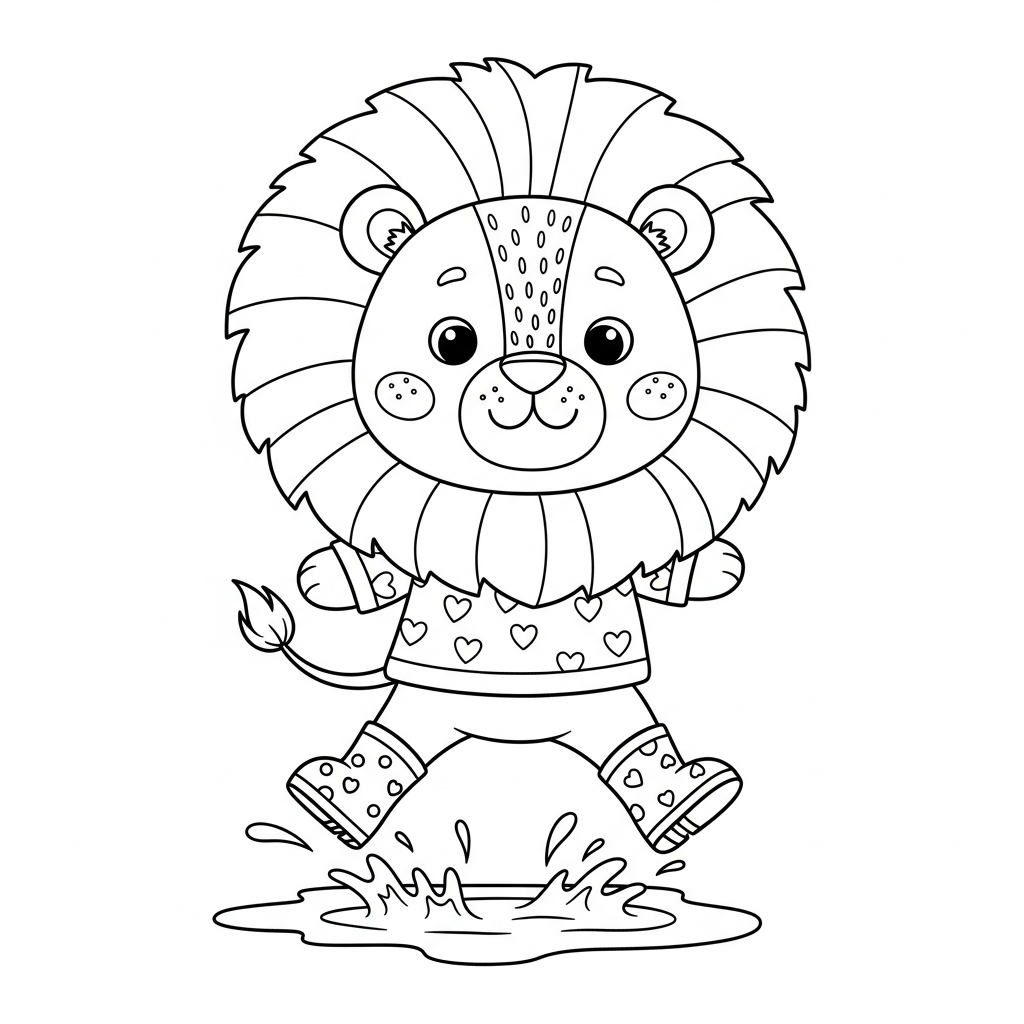 Desenho de leão para colorir pulando em poça d'água com botinha