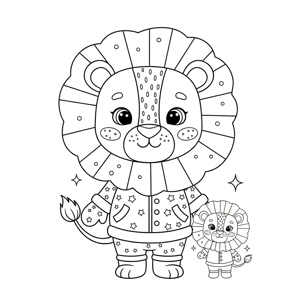Desenho de leão para colorir em traje de inverno com luvas grossas