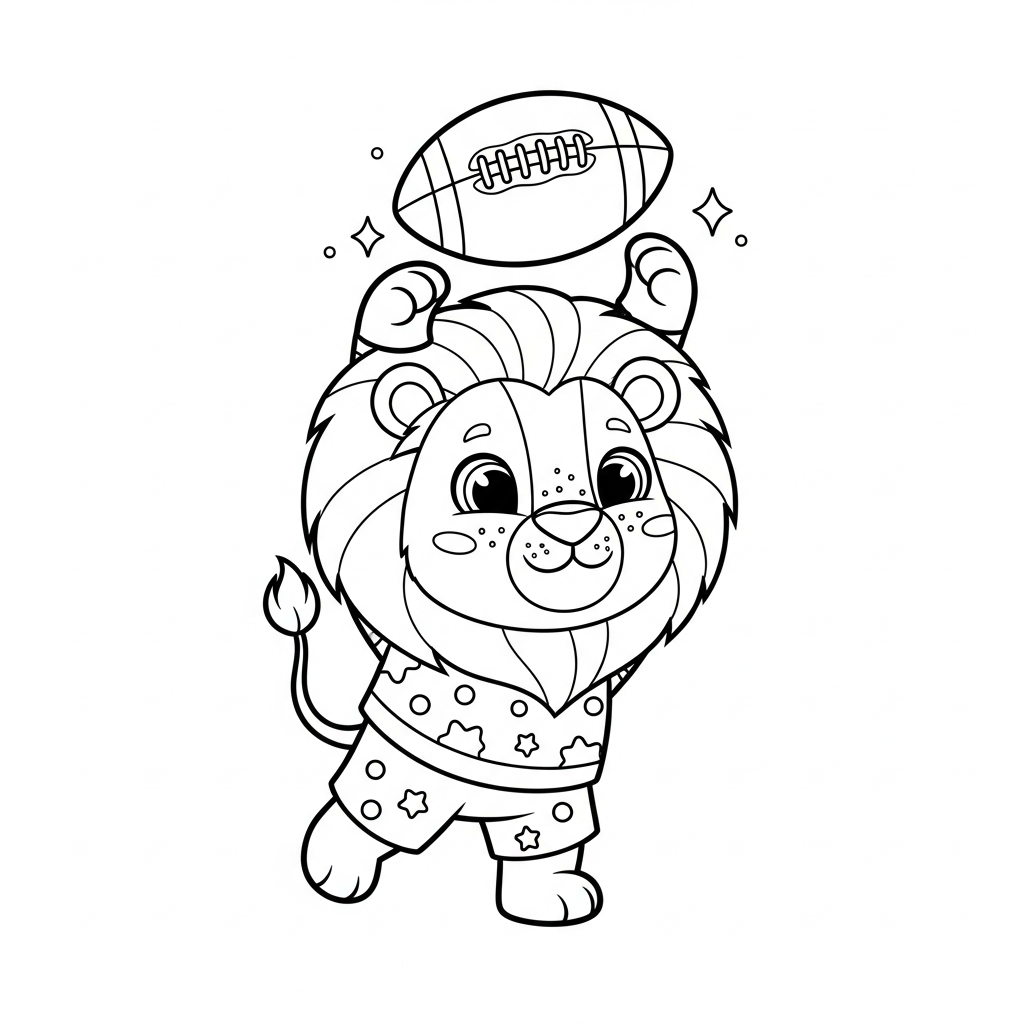 Desenho de leão para colorir brincando com bola de futebol americano em cima