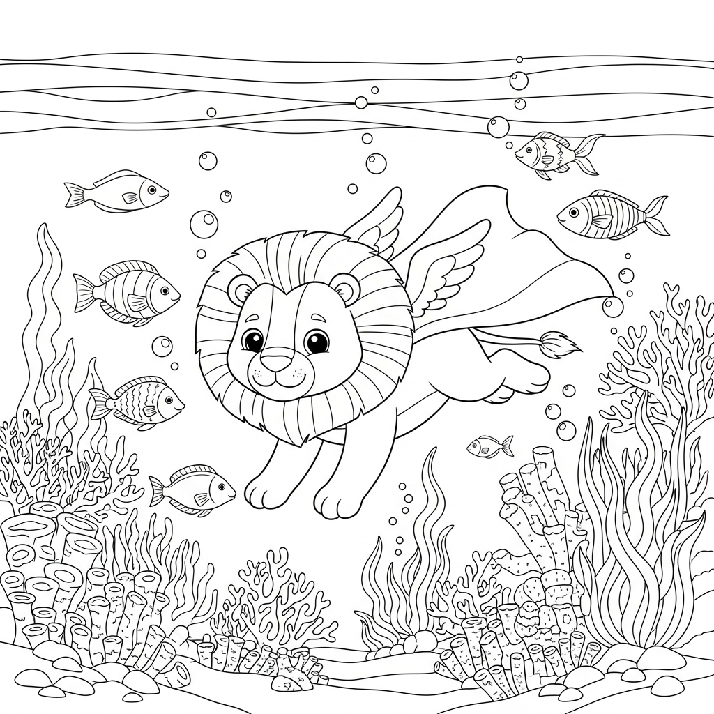 Desenho de leão para colorir voando com capa no fundo do mar com peixes e corais.