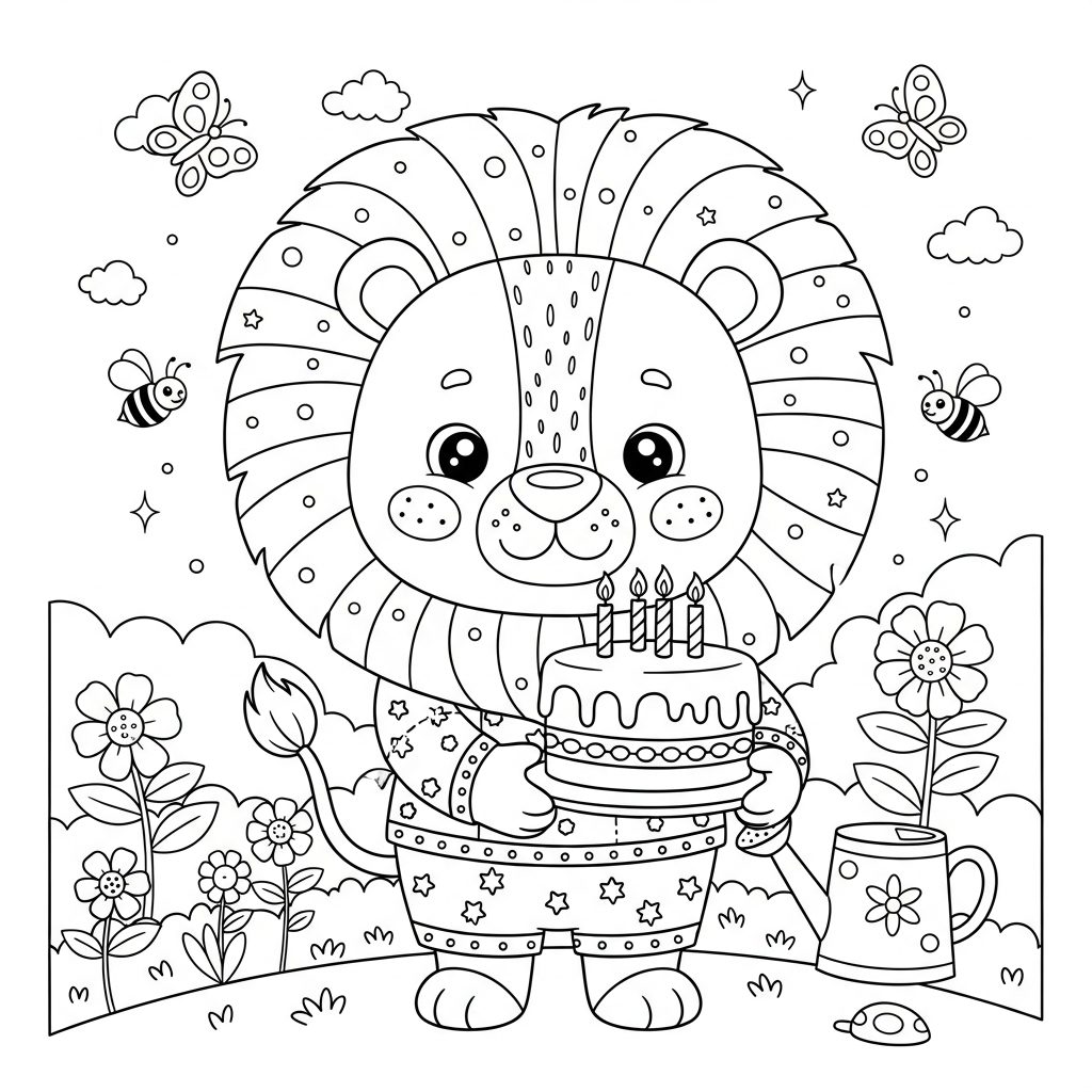 Desenho de leao para colorir segurando bolo de aniversário no jardim com flores e abelhas.