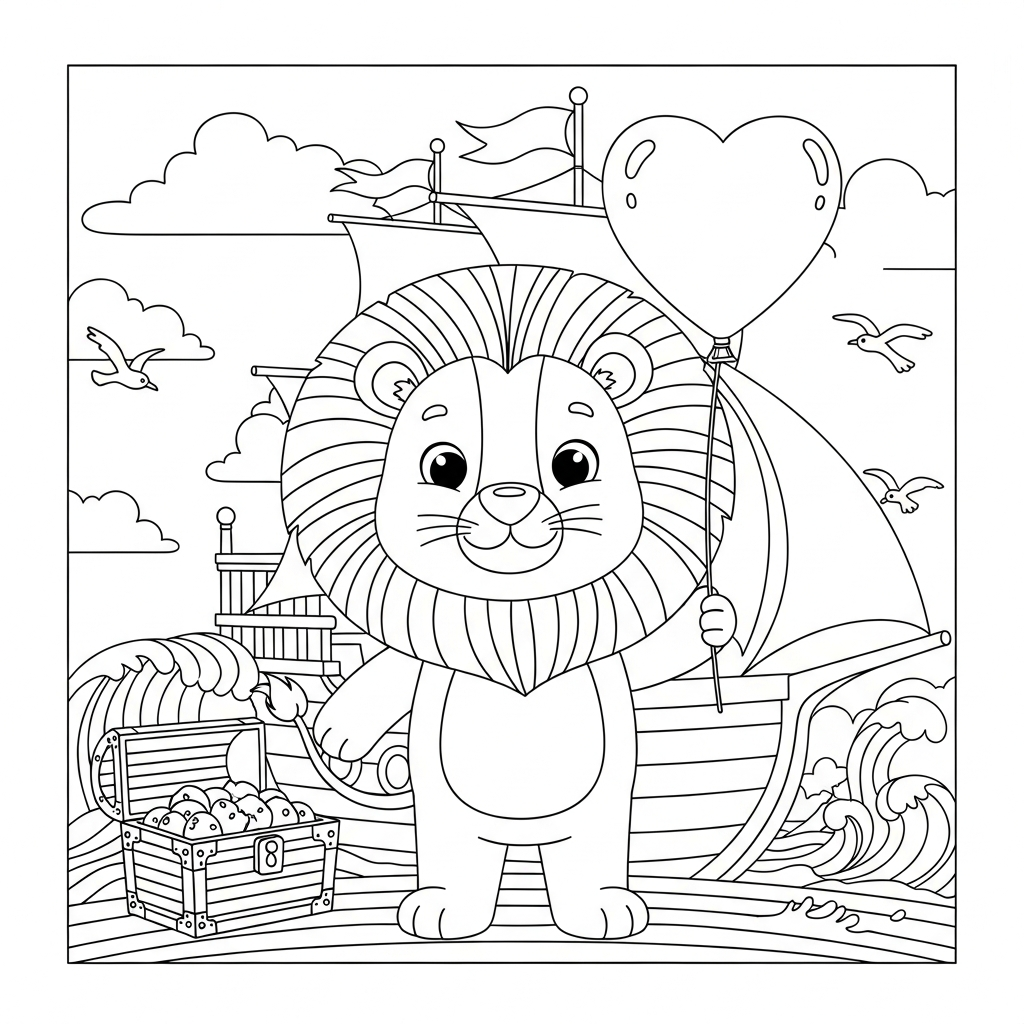 Desenho de leão para colorir segurando balão de coração em navio pirata.