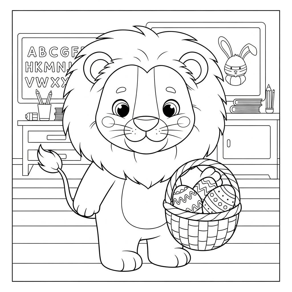 Desenho de leão para colorir segurando cesta de Páscoa na sala de aula com lousa