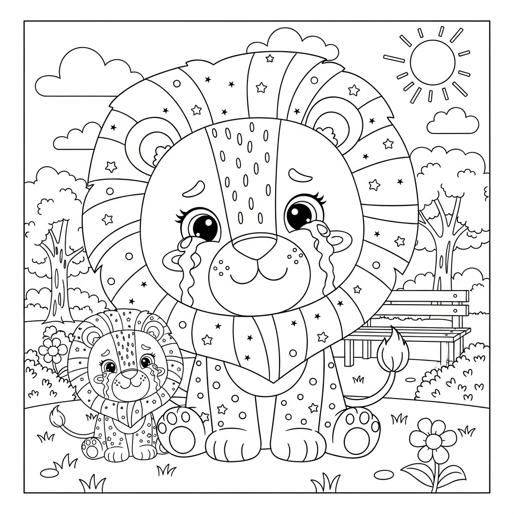 Desenho de leão para colorir chorando com lágrimas grandes em parque ensolarado com árvores