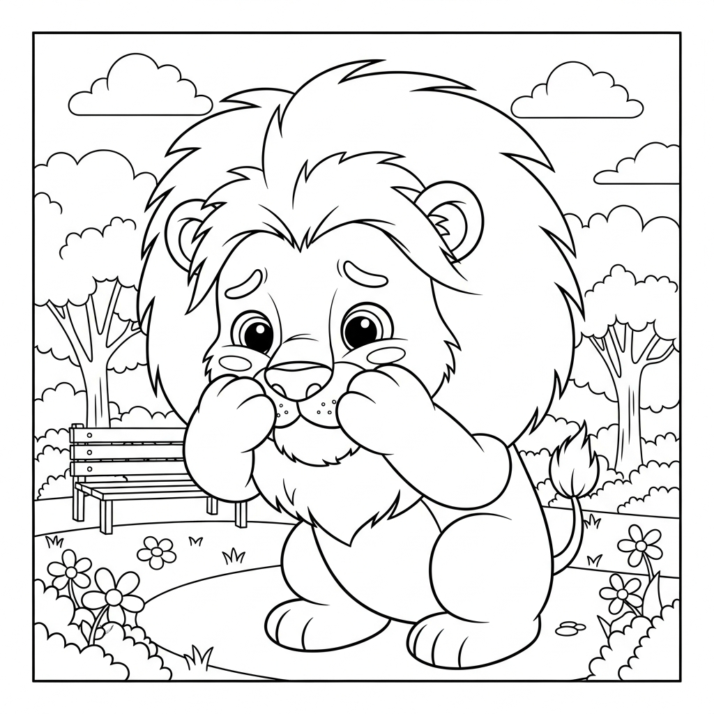 Desenho de leão para colorir envergonhado escondendo o rosto no parque ensolarado.