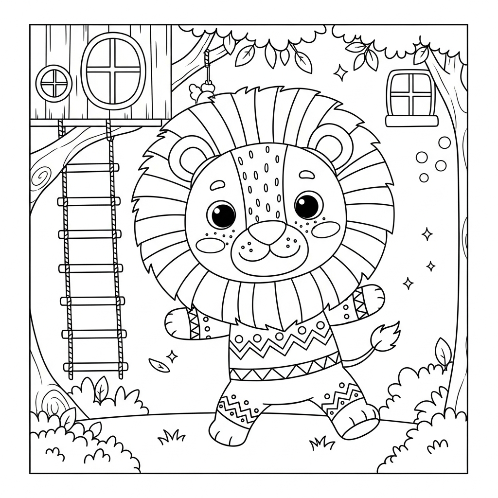 Desenho de leão para colorir pulando alegremente perto de uma casa na árvore.