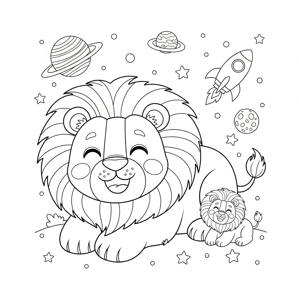 Desenho de leão para colorir rindo deitado de costas no espaço com planetas.