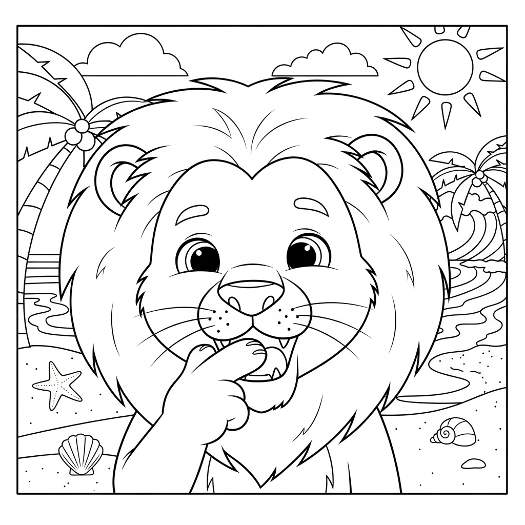 Desenho de leão para colorir entediado bocejando com mão na boca na praia com palmeiras.