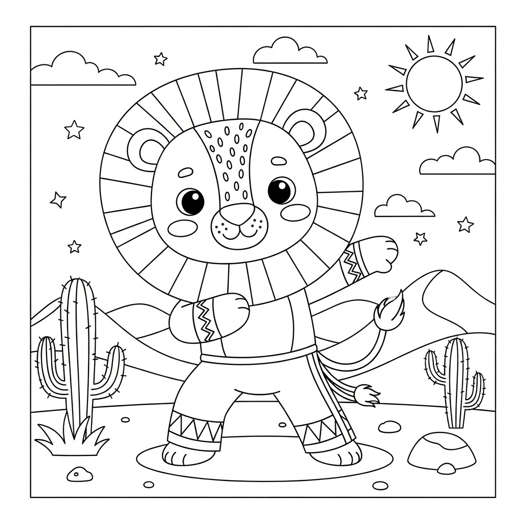 Desenho de leão para colorir praticando capoeira em ginga no deserto com cactos.