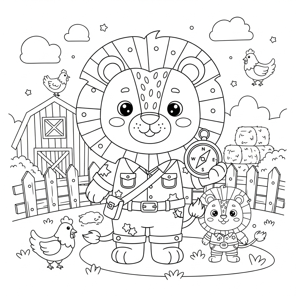 Desenho de leão para colorir vestido de explorador com bússola na fazenda com celeiro
