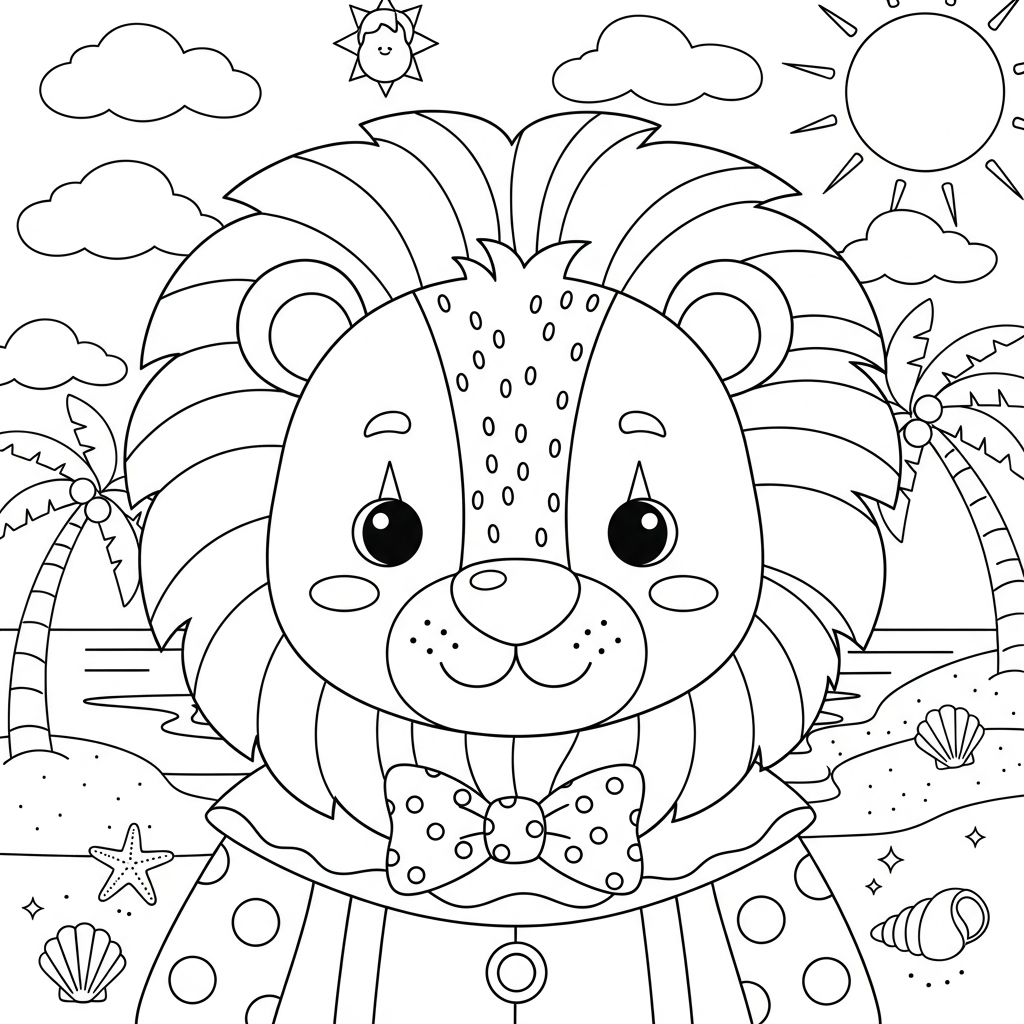Desenho de leão para colorir vestido de palhaço na praia com palmeiras