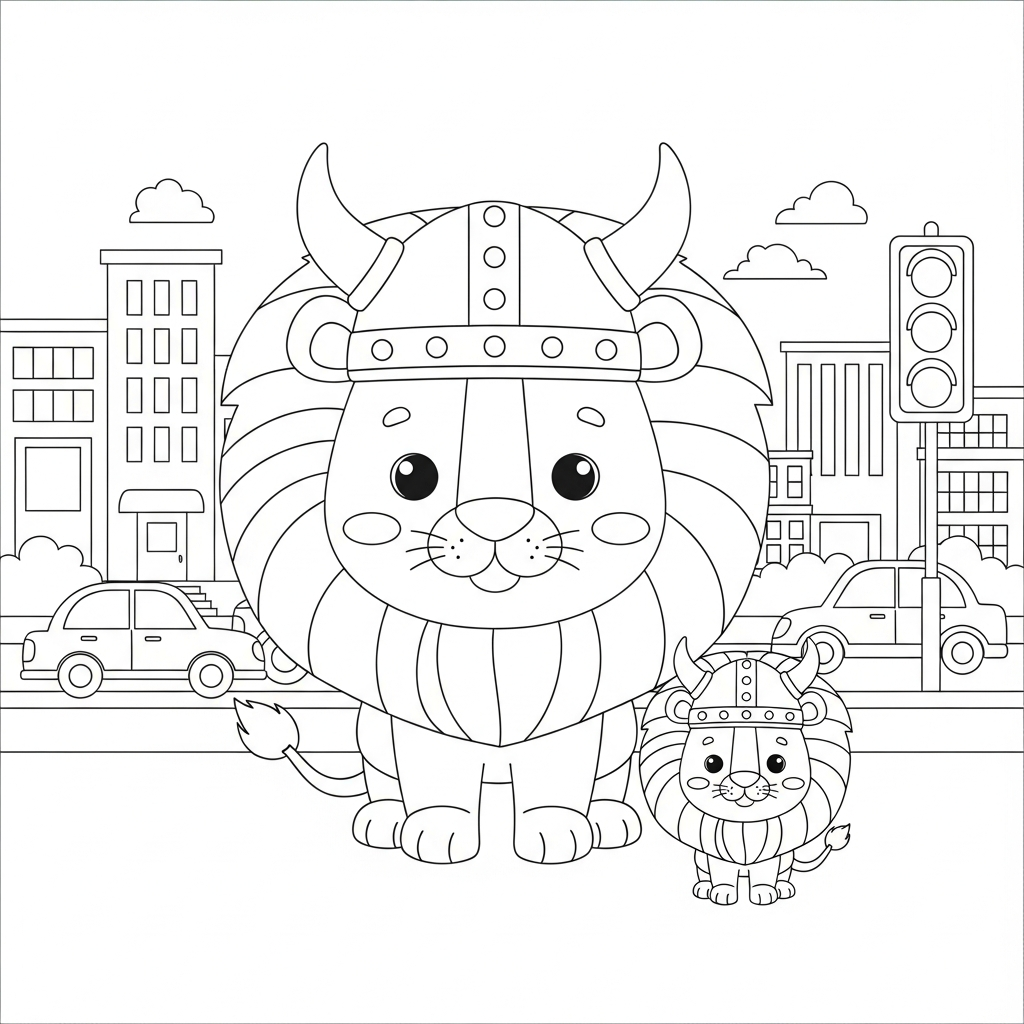 Desenho de leão para colorir vestido de viking em rua da cidade