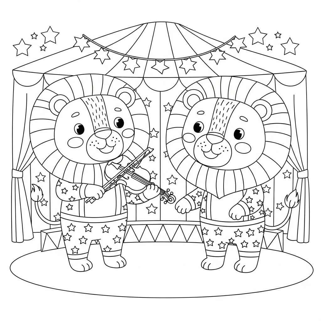 Desenho de leão para colorir tocando violino no ombro em circo com tenda