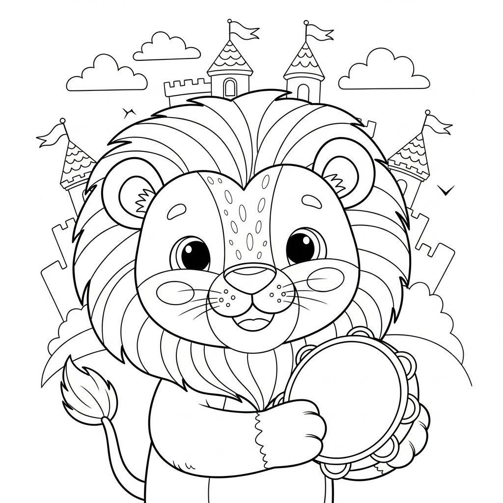 Desenho de leão para colorir tocando pandeiro sorridente diante de castelo encantado.