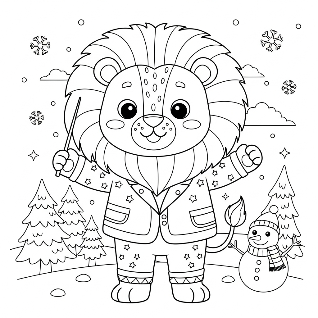 Desenho de leão para colorir regendo orquestra com batuta em paisagem nevada com pinheiros
