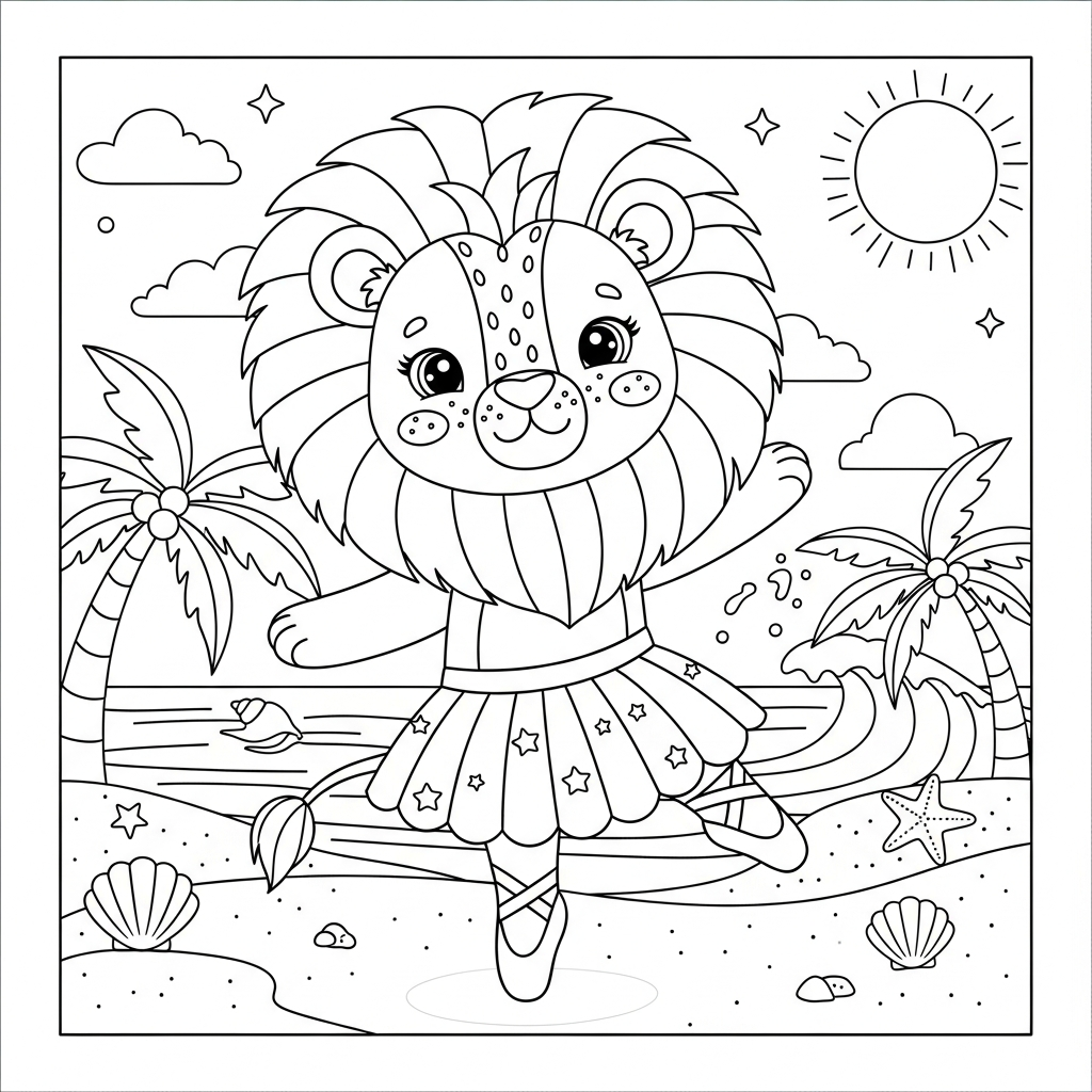 Desenho de leão para colorir dançando balé na praia com palmeiras