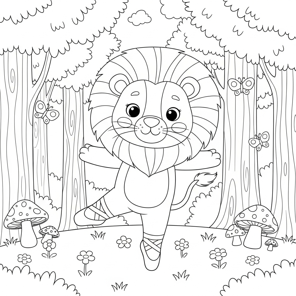 Desenho de leão para colorir dançando balé na floresta com cogumelos e borboletas