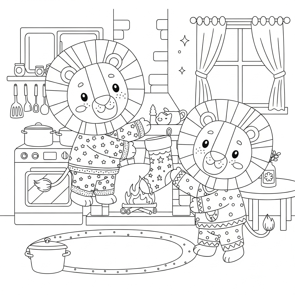 Desenho de leao para colorir pendurando meia na lareira, na cozinha com forno e panelas.