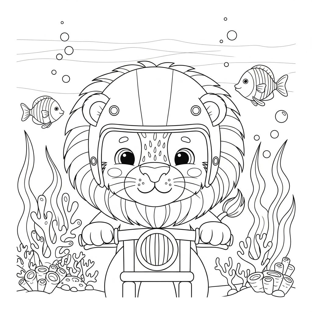 Desenho de leão para colorir pilotando moto com capacete no fundo do mar.