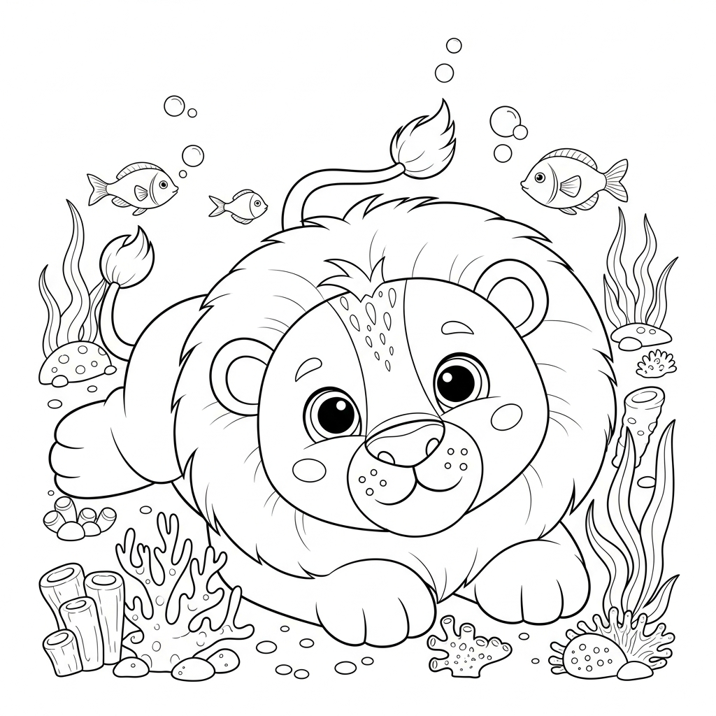 Desenho de leao para colorir deitado de costas olhando o céu no fundo do mar.