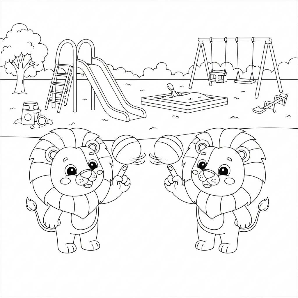 Desenho de leão para colorir girando uma bola no playground com escorregador