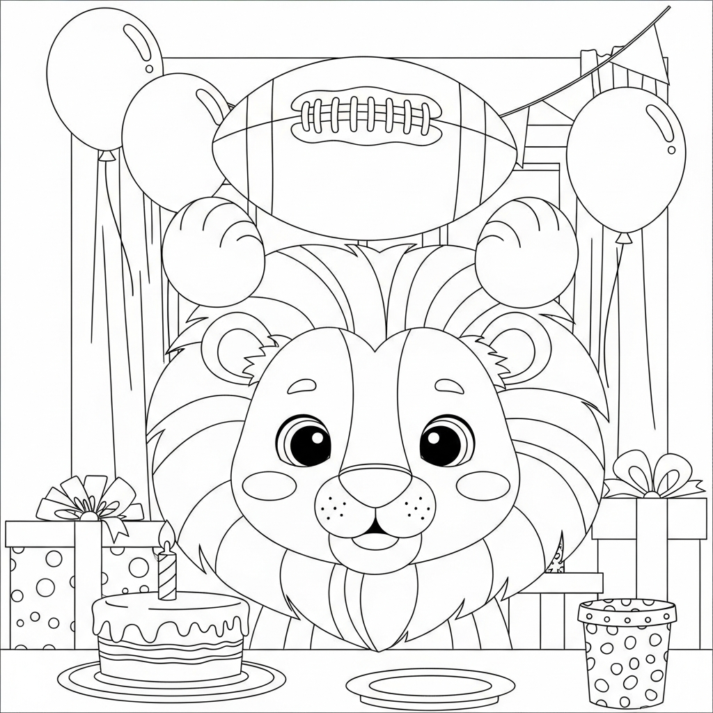 Desenho de leão para colorir brincando com bola de futebol americano em aniversário.