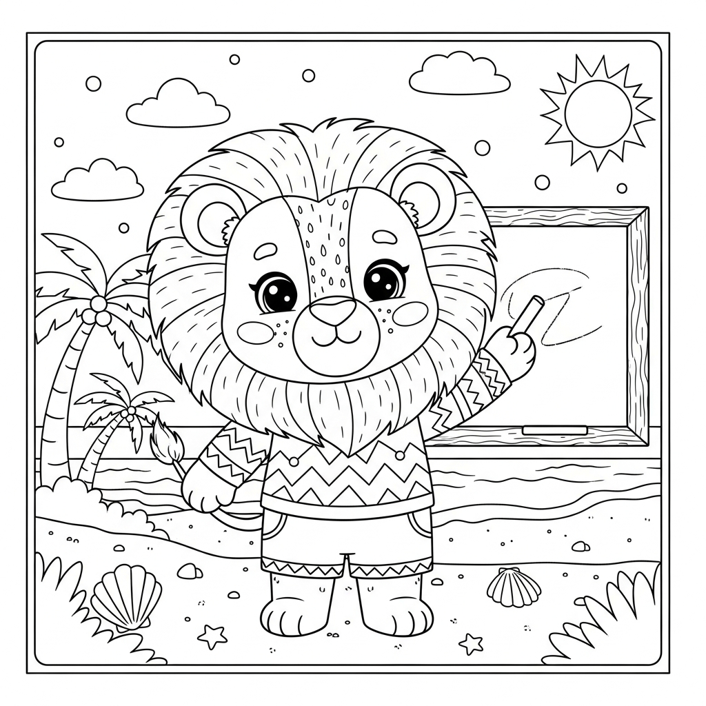 Desenho de leão para colorir escrevendo no quadro-negro com giz na praia com palmeiras