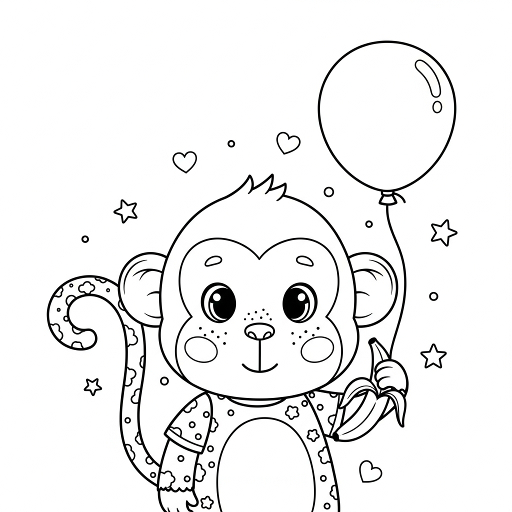 Desenho de macaco para colorir segurando um balão entre estrelinhas e corações.