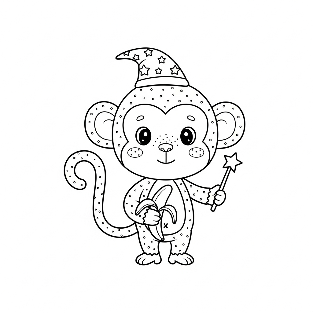 Desenho de macaco para colorir usando chapéu de mago e varinha