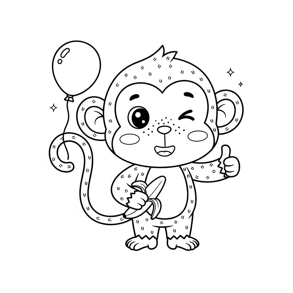 Desenho de macaco para colorir piscando o olho com joinha ao lado de uma banana.