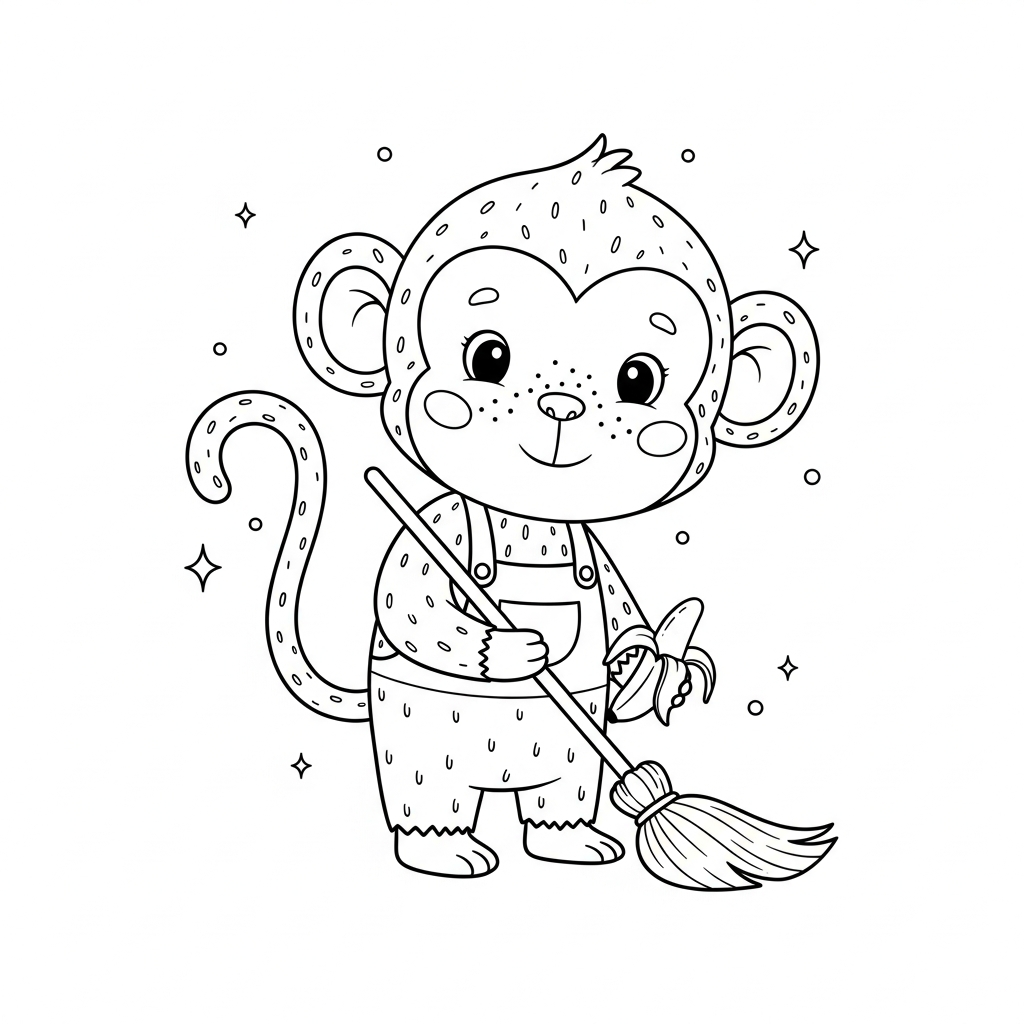 Desenho de macaco para colorir varrendo o chão com uma vassoura