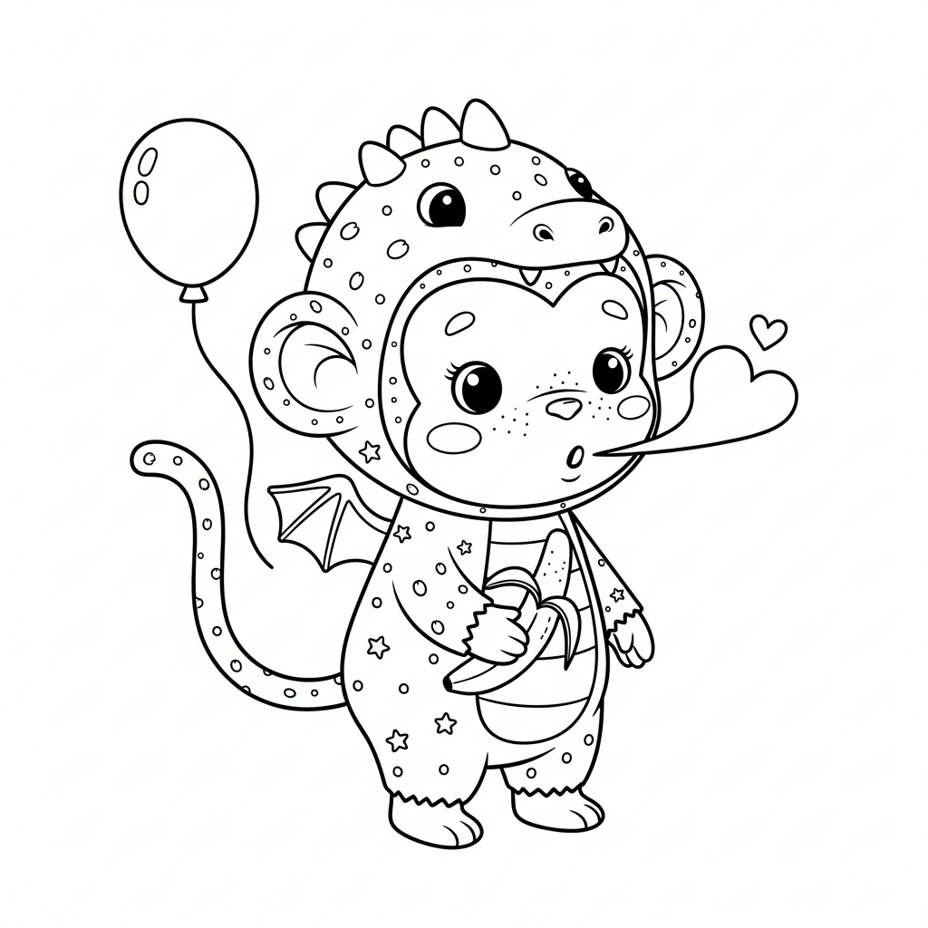 Desenho de macaco para colorir vestido de dragão fofo soltando coração de fumaça.