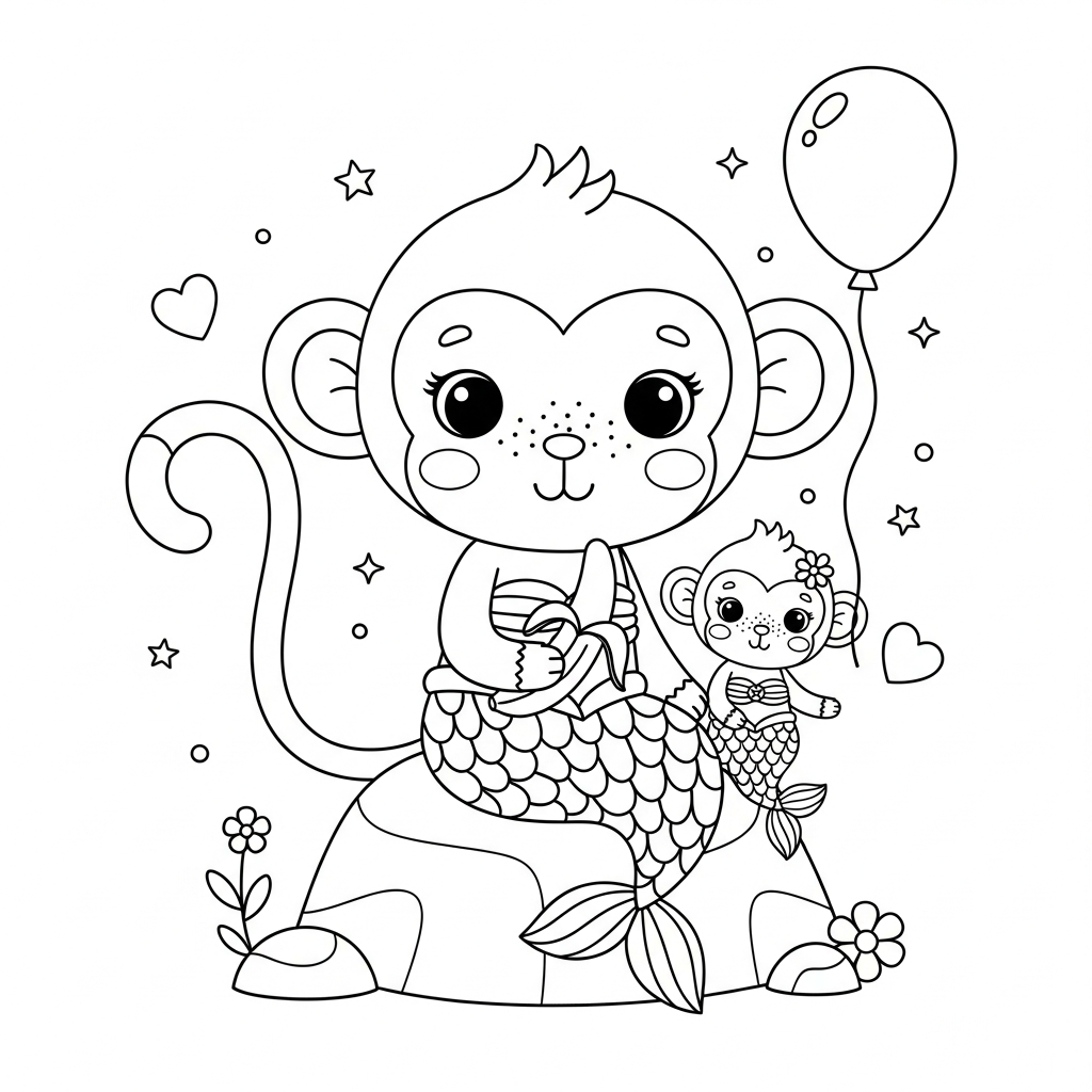 Desenho de macaco para colorir vestido de sereia sentado em rocha com concha