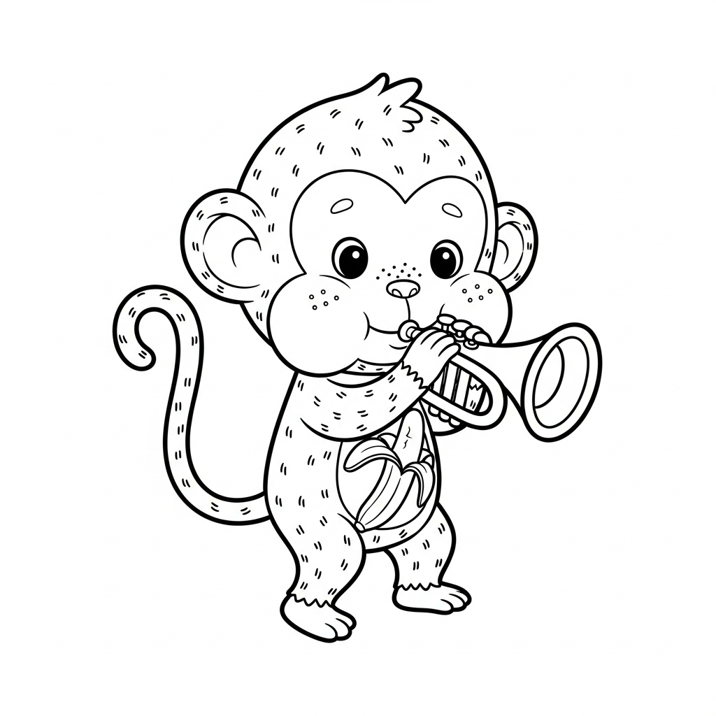 Desenho de macaco para colorir tocando trompete com bochechas em contorno